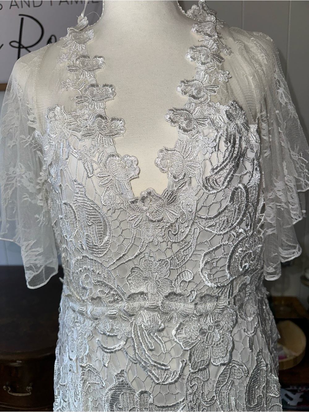 Forever Unique White Lace Bridal Bodice with Floral Appliqué short wedding dress